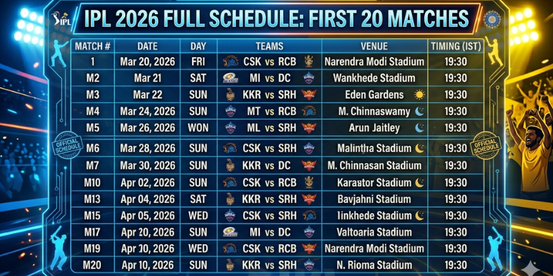 IPL 2026 Time Table Full Schedule of First 20 Matches, Dates, Venues & Timings