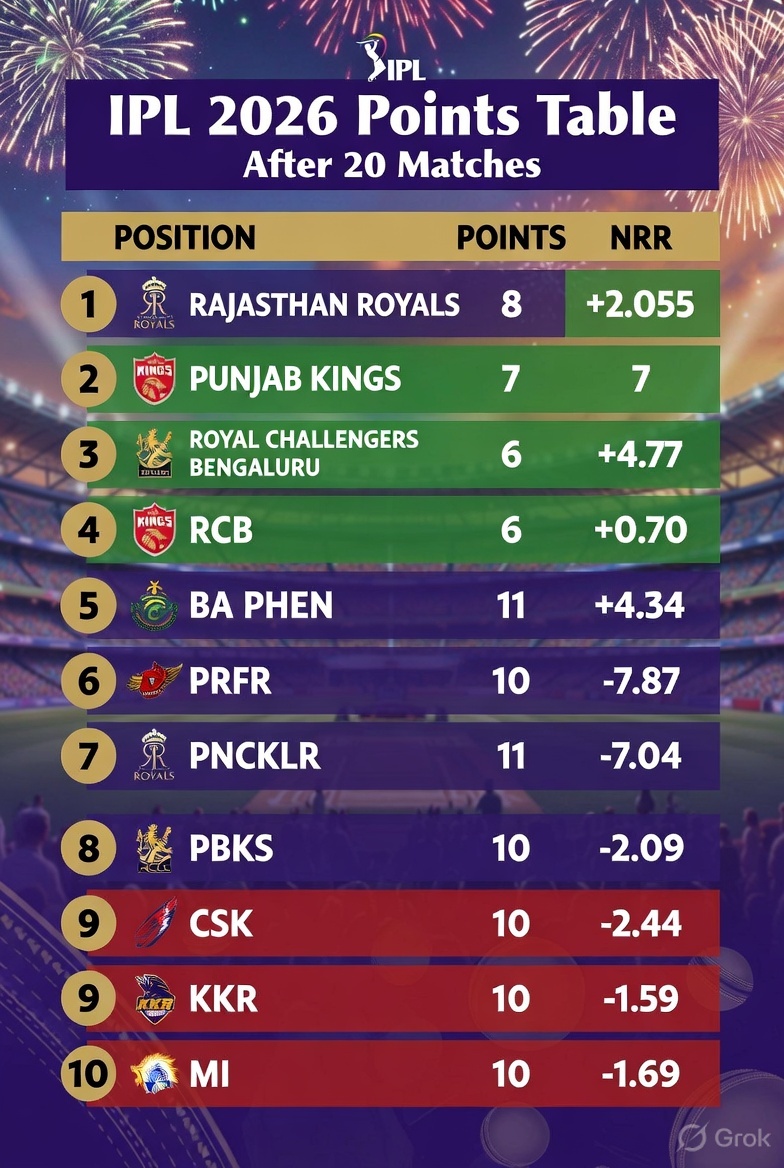 IPL 2026 Points Table After 20 Matches Playoff Scenarios, Title Contenders & Teams at Elimination Risk