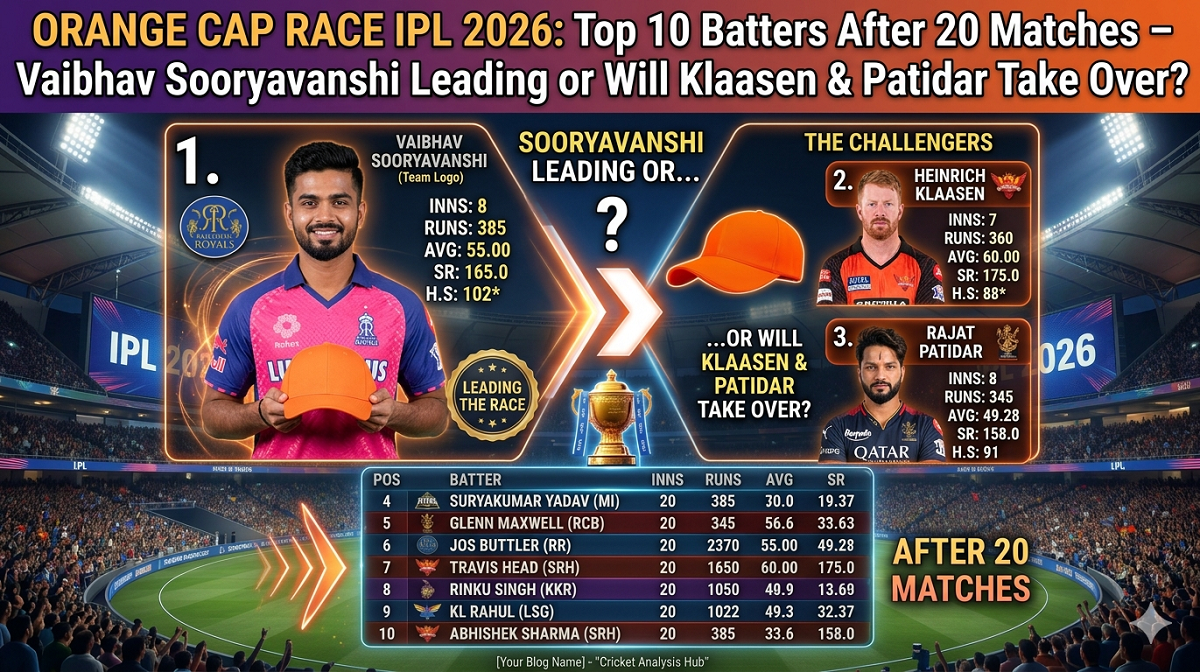 Orange Cap Race IPL 2026 Top 10 Batters After 20 Matches – Vaibhav Sooryavanshi Leading or Will Klaasen & Patidar Take Over